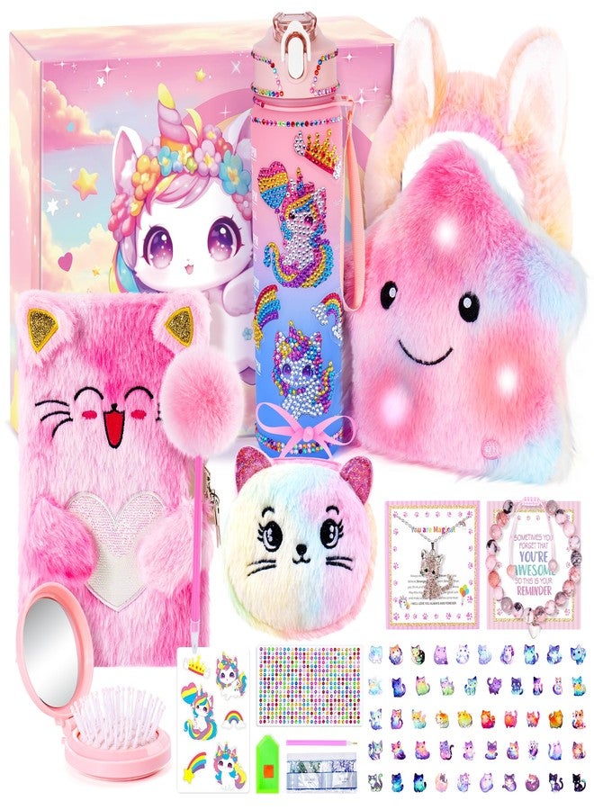 Auspicious beginning 13PCS Unicorn Cat Toys Gifts for Girls 4-6 7 8 9 10 Years Old, Girls Birthday Gifts Set with Light Up Star Pillow DIY Water Bottle Kits, for Daughter Niece Christmas Birthday Baskets for Kids - Image 1